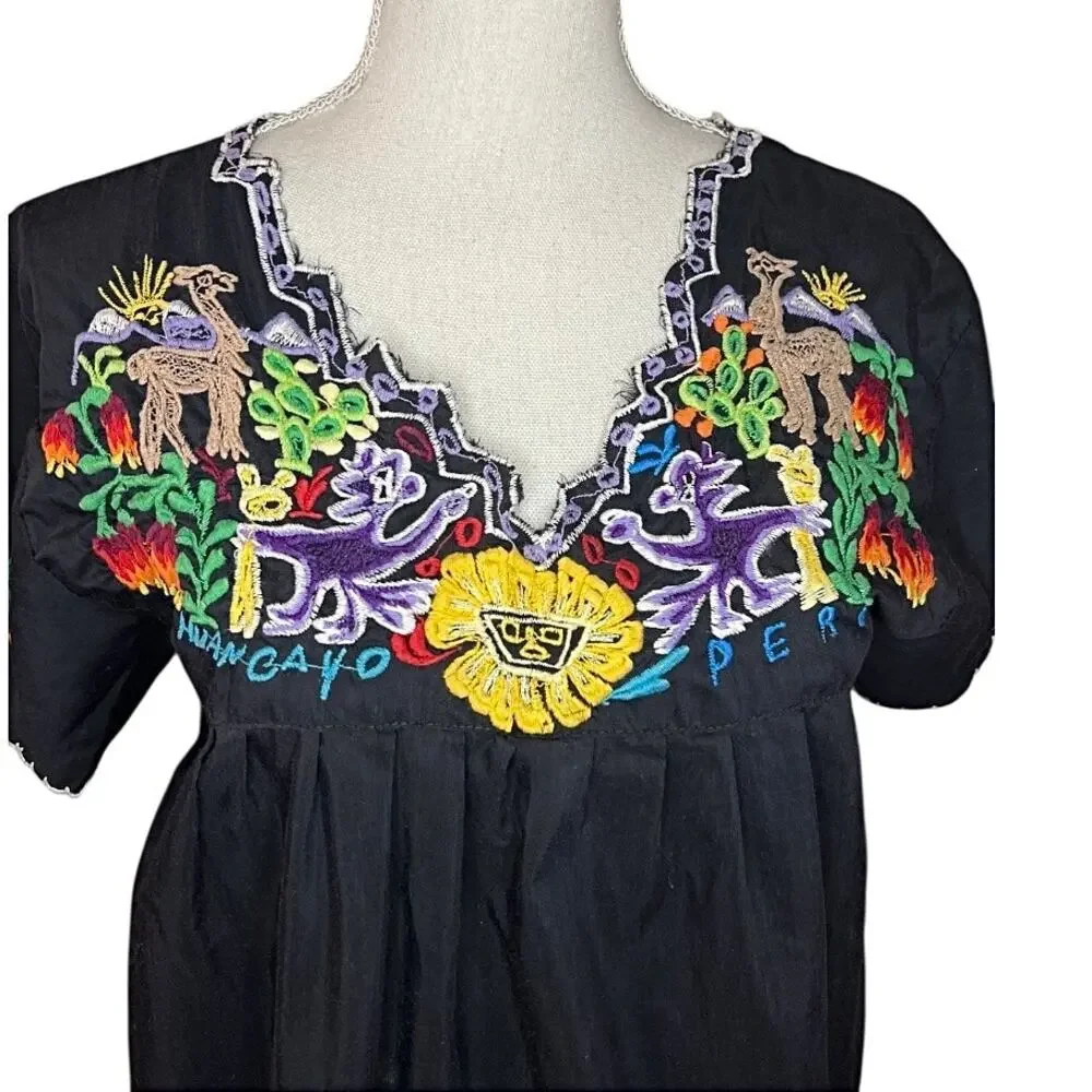 Vintage Hispanic maxi dress black Peru traditional embroidered cotton